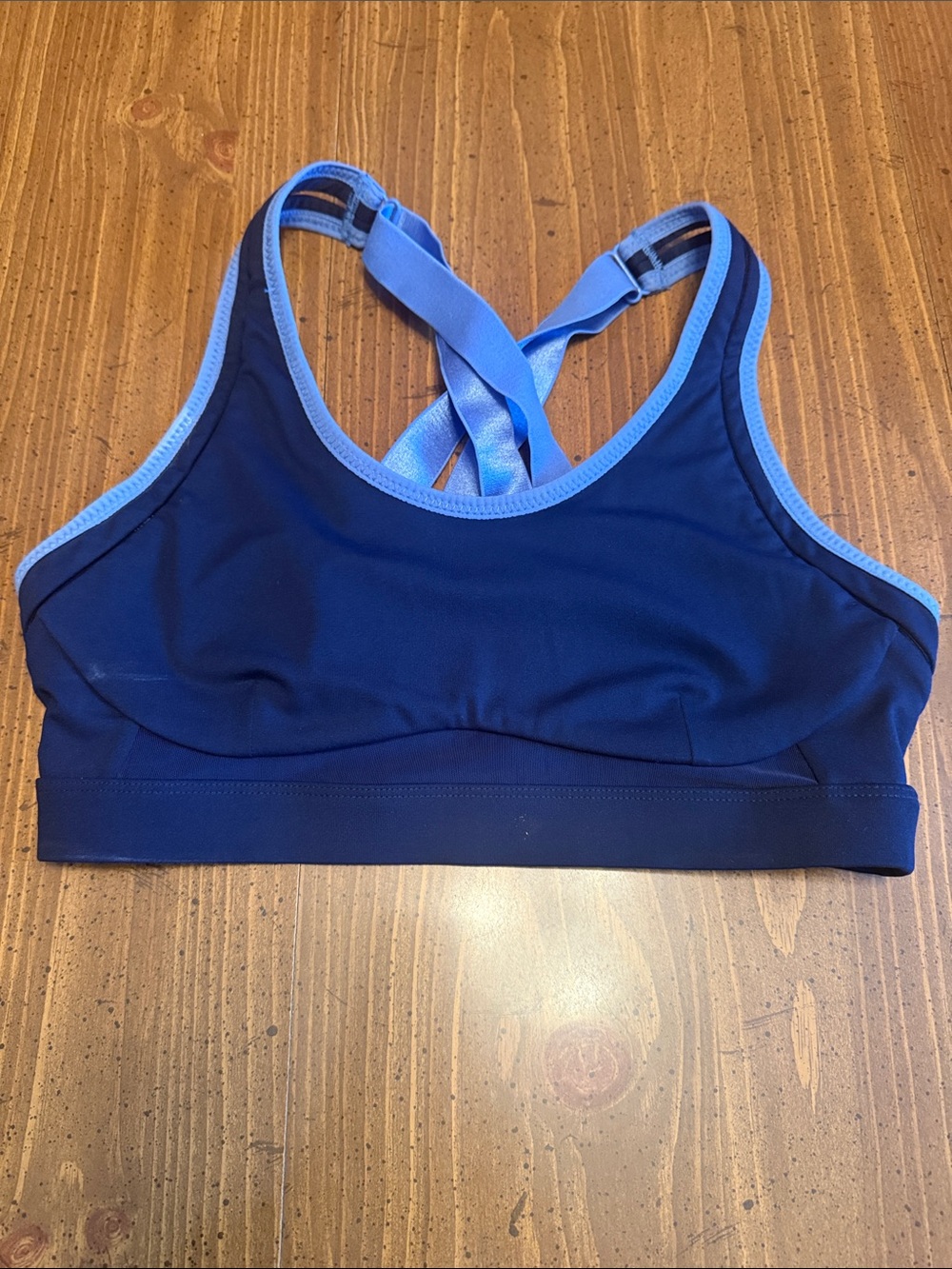 Women’s Navy Blue Sports Bra with Light Blue Trim by Fabletics